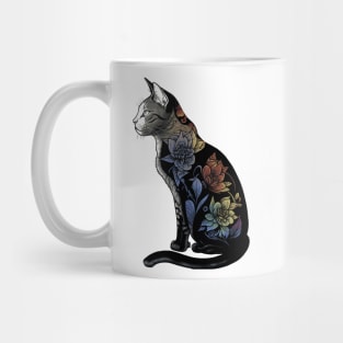 Vibrant Lotus Cat - Black and White Feline with Colorful Flower Design Mug